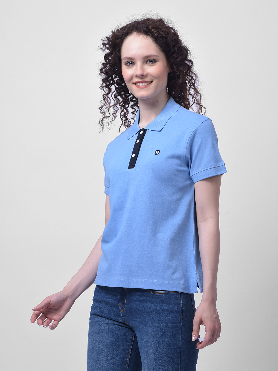 Numero Uno Women Light Blue Contrast Placket Polo Shirt